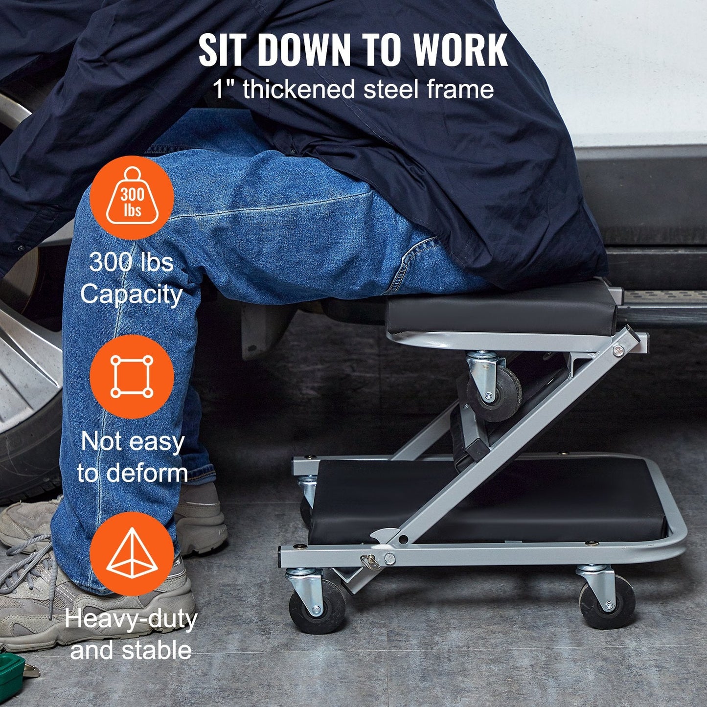 Garage rolling seat used for detailing and maintenance tasks