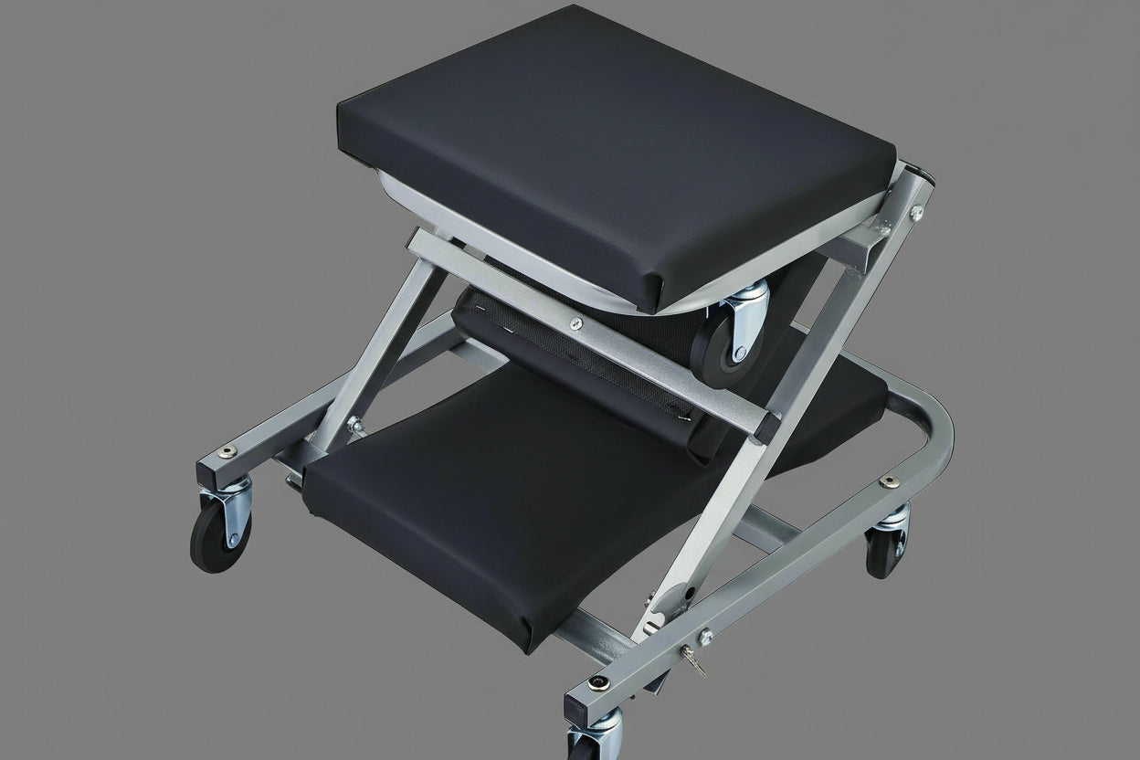 2-in-1 folding mechanic creeper seat and rolling garage stool with padded seat