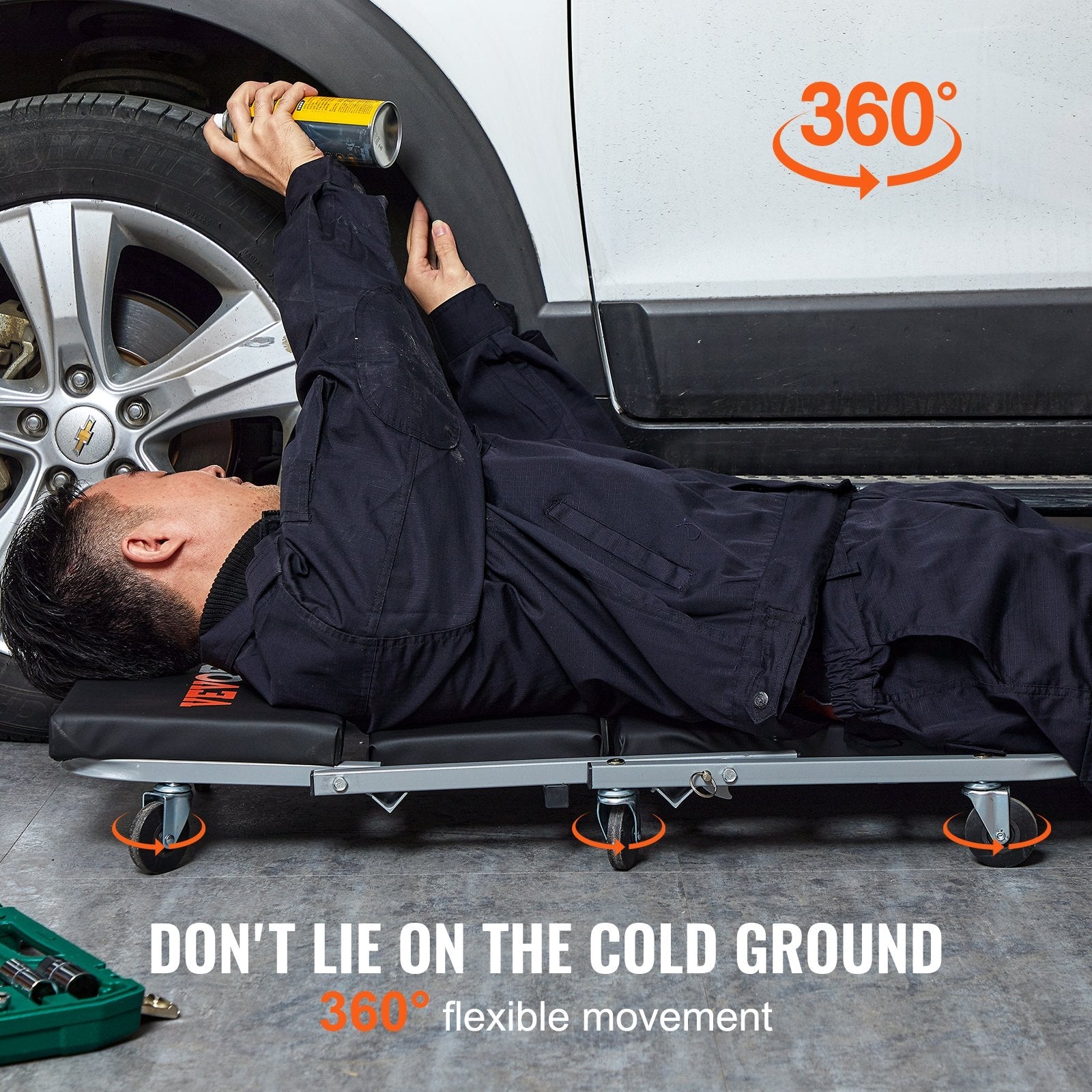 Mechanic using 2-in-1 rolling creeper seat for vehicle repairs and garage work
