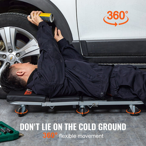 Mechanic using 2-in-1 rolling creeper seat for vehicle repairs and garage work
