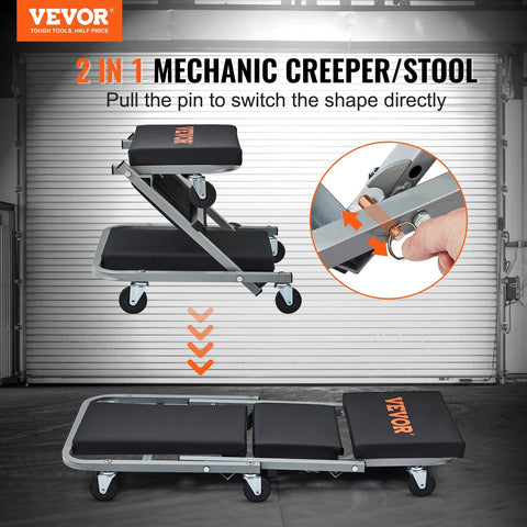Mechanic creeper stool showing quick conversion between seat and creeper modes