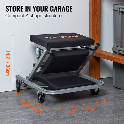 Folding mechanic creeper seat compactly stored in garage space