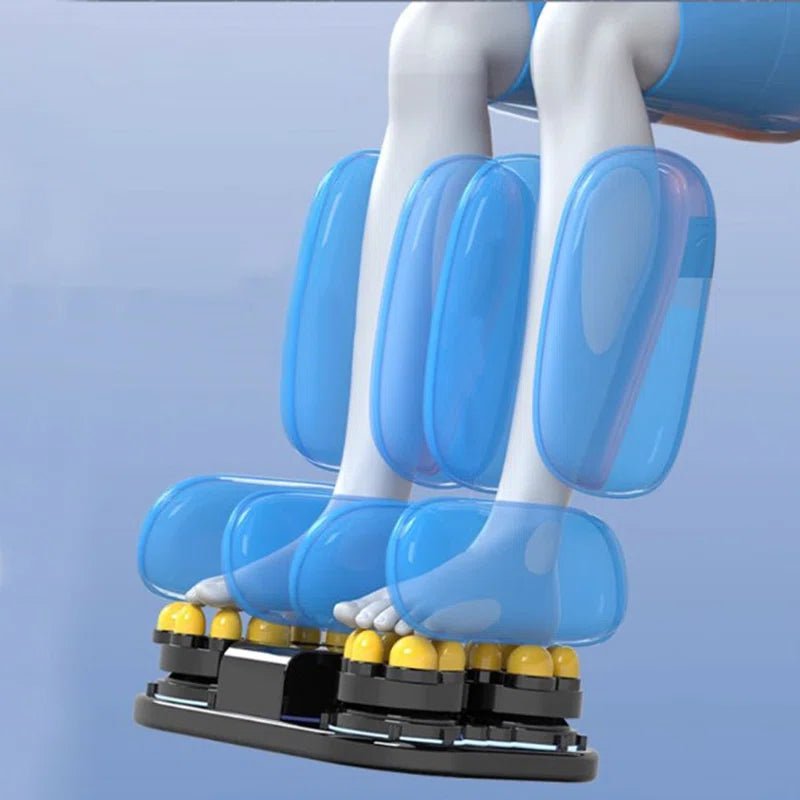 Zero Gravity 4D Massage Chair – side view reclined

Heated massage chair with full-body airbags

Touchscreen controls on smart massage recliner

Bluetooth massage chair in gray leather

Close-up of 4D roller technology on massage unit