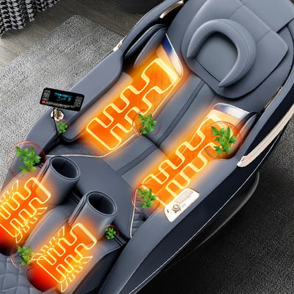 Zero Gravity 4D Massage Chair – side view reclined

Heated massage chair with full-body airbags

Touchscreen controls on smart massage recliner

Bluetooth massage chair in gray leather

Close-up of 4D roller technology on massage unit