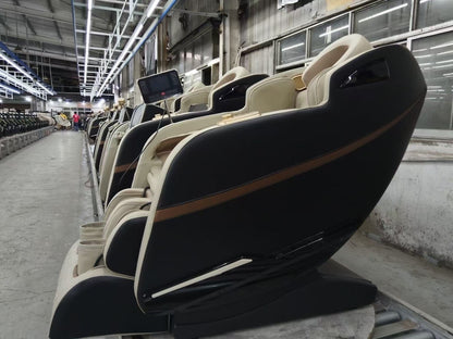 Zero Gravity 4D Massage Chair – side view reclined

Heated massage chair with full-body airbags

Touchscreen controls on smart massage recliner

Bluetooth massage chair in gray leather

Close-up of 4D roller technology on massage unit