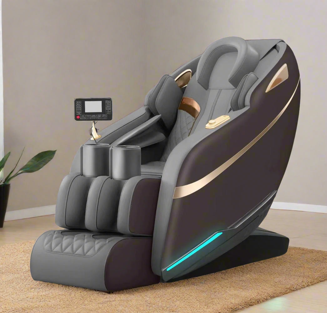 Zero Gravity 4D Massage Chair – side view reclined

Heated massage chair with full-body airbags

Touchscreen controls on smart massage recliner

Bluetooth massage chair in gray leather

Close-up of 4D roller technology on massage unit