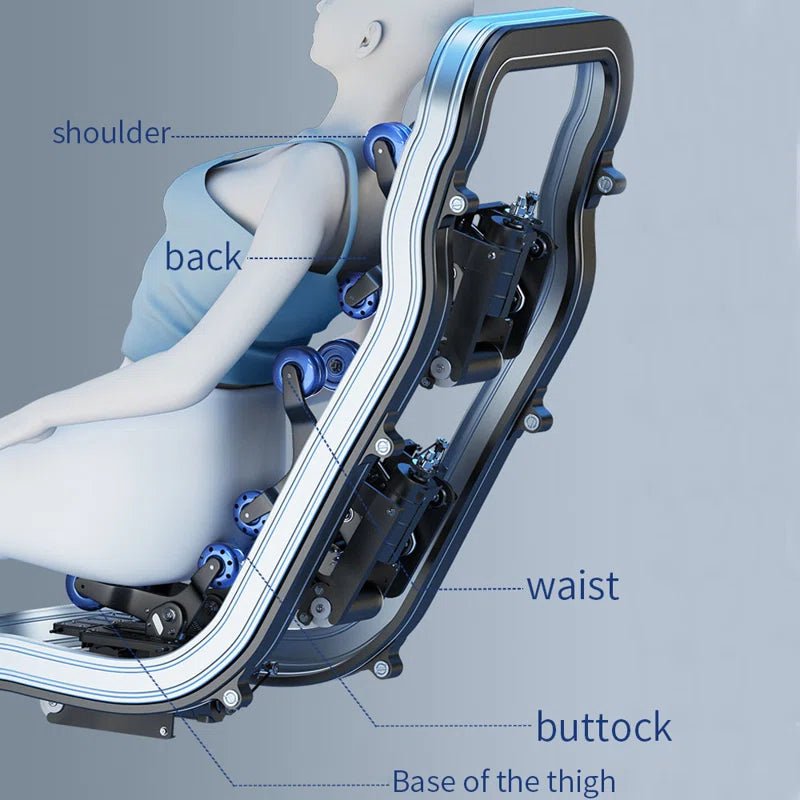 Zero Gravity 4D Massage Chair – side view reclined

Heated massage chair with full-body airbags

Touchscreen controls on smart massage recliner

Bluetooth massage chair in gray leather

Close-up of 4D roller technology on massage unit