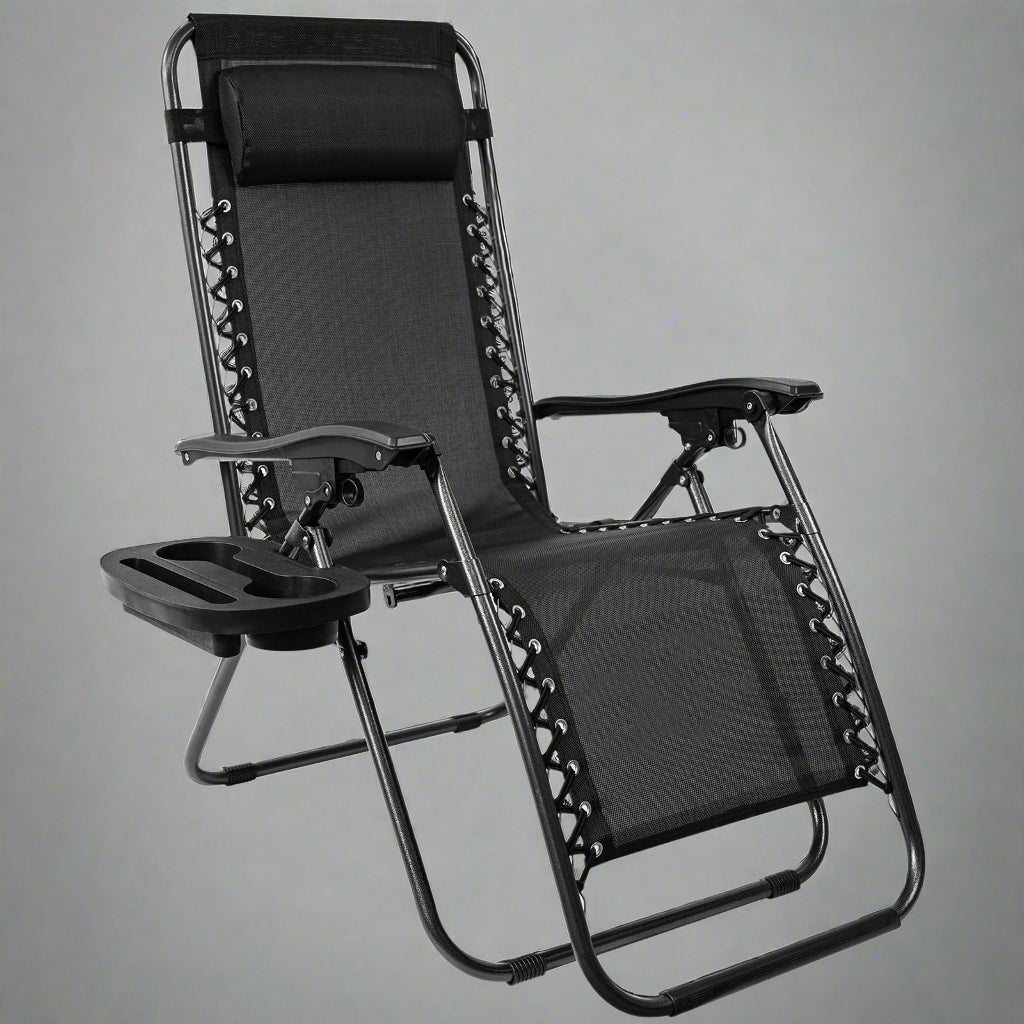 Zero Gravity Recliner Chair – Black Outdoor Folding Seat

Foldable Recliner Chair for Camping & Patios

Side View of Adjustable Outdoor Lounge Chair

Reclining Position Display – Zero Gravity Outdoor Chair

Compact Folded Recliner Chair – Easy to Transport

Weather-Resistant Mesh Lounge Chair – Zero Gravity Design