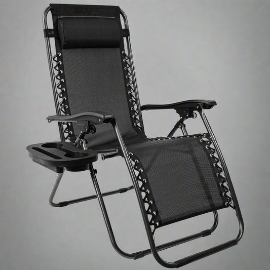 Zero Gravity Recliner Chair – Black Outdoor Folding Seat

Foldable Recliner Chair for Camping & Patios

Side View of Adjustable Outdoor Lounge Chair

Reclining Position Display – Zero Gravity Outdoor Chair

Compact Folded Recliner Chair – Easy to Transport

Weather-Resistant Mesh Lounge Chair – Zero Gravity Design