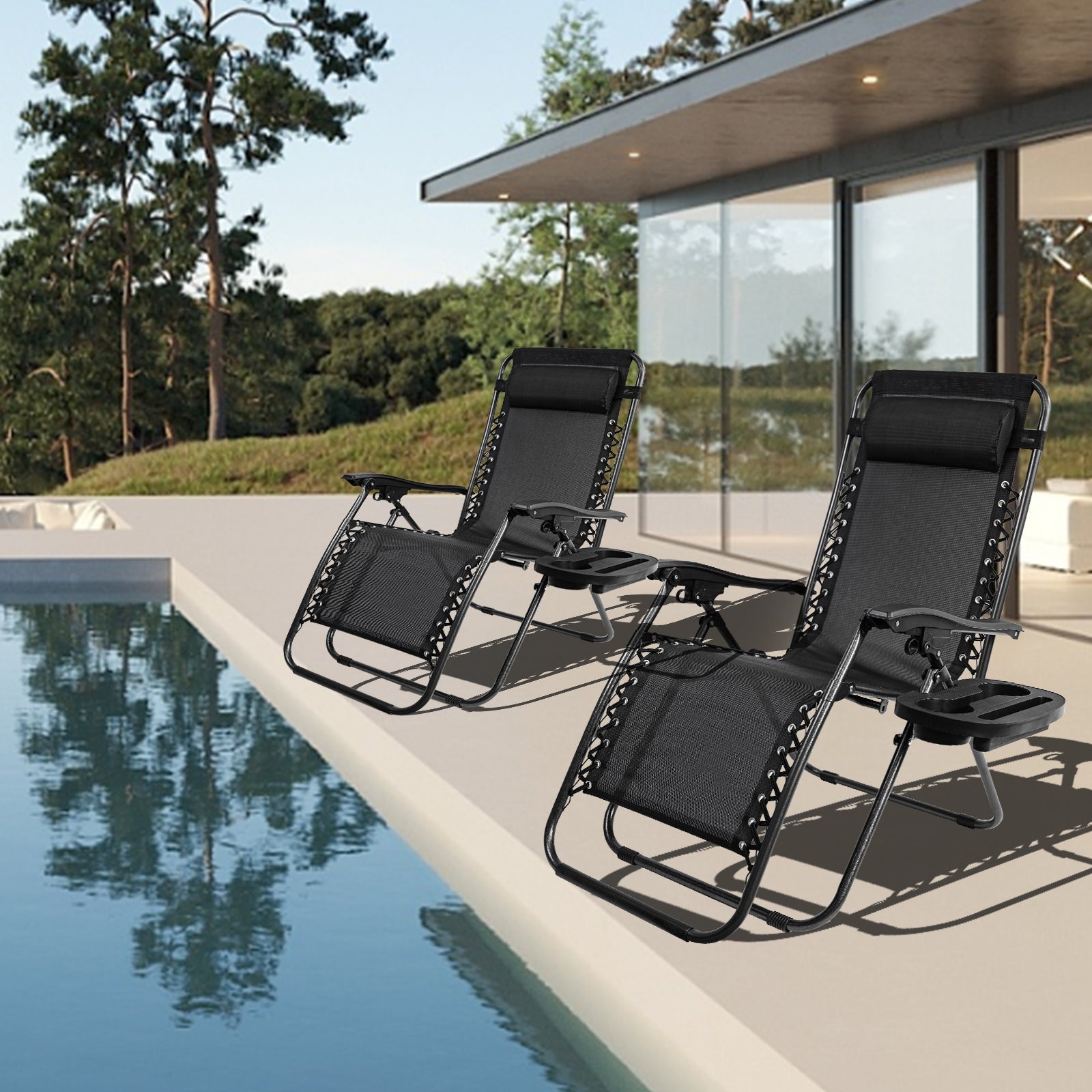 Zero Gravity Recliner Chairs – Adjustable Patio Set (Front View)

Foldable Outdoor Reclining Lounge Chairs – Set of 2

Zero Gravity Chairs Folded – Compact Storage View

Recliner Chairs Fully Reclined by Poolside – Set of Two

Patio Chairs with Adjustable Headrests – Black Mesh

Outdoor Lounge Recliner Chairs – Camping Ready Set