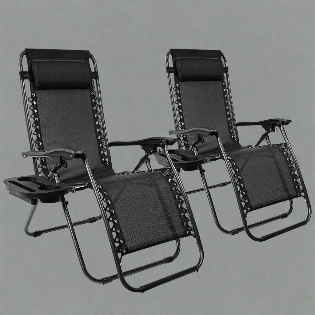 Zero Gravity Recliner Chairs – Adjustable Patio Set (Front View)

Foldable Outdoor Reclining Lounge Chairs – Set of 2

Zero Gravity Chairs Folded – Compact Storage View

Recliner Chairs Fully Reclined by Poolside – Set of Two

Patio Chairs with Adjustable Headrests – Black Mesh

Outdoor Lounge Recliner Chairs – Camping Ready Set