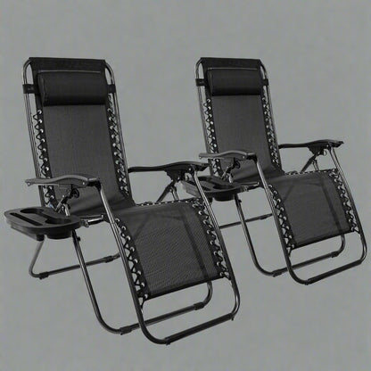 Zero Gravity Recliner Chairs – Adjustable Patio Set (Front View)

Foldable Outdoor Reclining Lounge Chairs – Set of 2

Zero Gravity Chairs Folded – Compact Storage View

Recliner Chairs Fully Reclined by Poolside – Set of Two

Patio Chairs with Adjustable Headrests – Black Mesh

Outdoor Lounge Recliner Chairs – Camping Ready Set