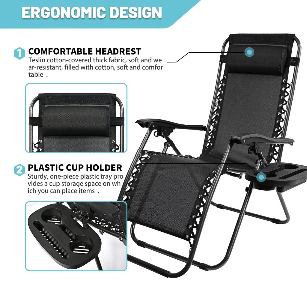 Zero Gravity Recliner Chairs – Adjustable Patio Set (Front View)

Foldable Outdoor Reclining Lounge Chairs – Set of 2

Zero Gravity Chairs Folded – Compact Storage View

Recliner Chairs Fully Reclined by Poolside – Set of Two

Patio Chairs with Adjustable Headrests – Black Mesh

Outdoor Lounge Recliner Chairs – Camping Ready Set