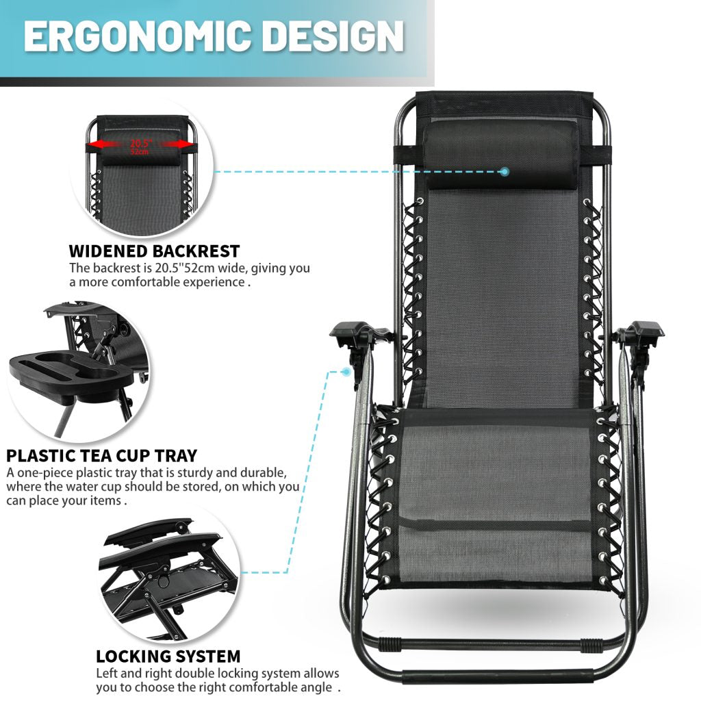 Zero Gravity Recliner Chairs – Adjustable Patio Set (Front View)

Foldable Outdoor Reclining Lounge Chairs – Set of 2

Zero Gravity Chairs Folded – Compact Storage View

Recliner Chairs Fully Reclined by Poolside – Set of Two

Patio Chairs with Adjustable Headrests – Black Mesh

Outdoor Lounge Recliner Chairs – Camping Ready Set