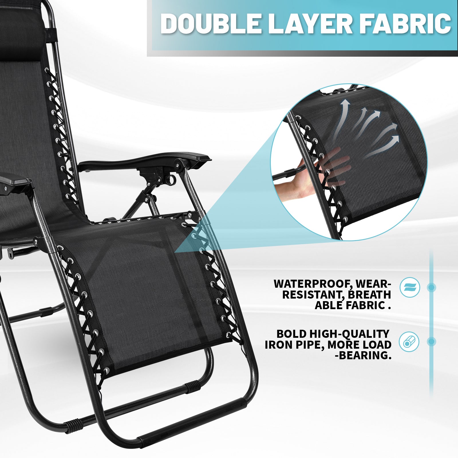 Zero Gravity Recliner Chairs – Adjustable Patio Set (Front View)

Foldable Outdoor Reclining Lounge Chairs – Set of 2

Zero Gravity Chairs Folded – Compact Storage View

Recliner Chairs Fully Reclined by Poolside – Set of Two

Patio Chairs with Adjustable Headrests – Black Mesh

Outdoor Lounge Recliner Chairs – Camping Ready Set