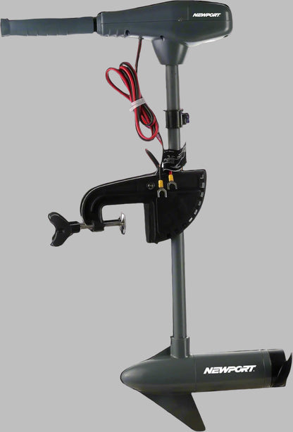 Full view of Newport Vessels 55lb kayak trolling motor

Side profile of motor showing shaft and prop

Top view showing LED battery meter and handle

Close-up of propeller and mount setup

Rear angle showing transom mount position