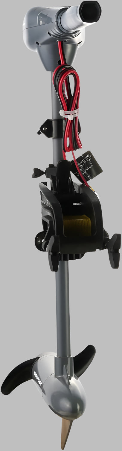 Full view of Newport Vessels 55lb kayak trolling motor

Side profile of motor showing shaft and prop

Top view showing LED battery meter and handle

Close-up of propeller and mount setup

Rear angle showing transom mount position