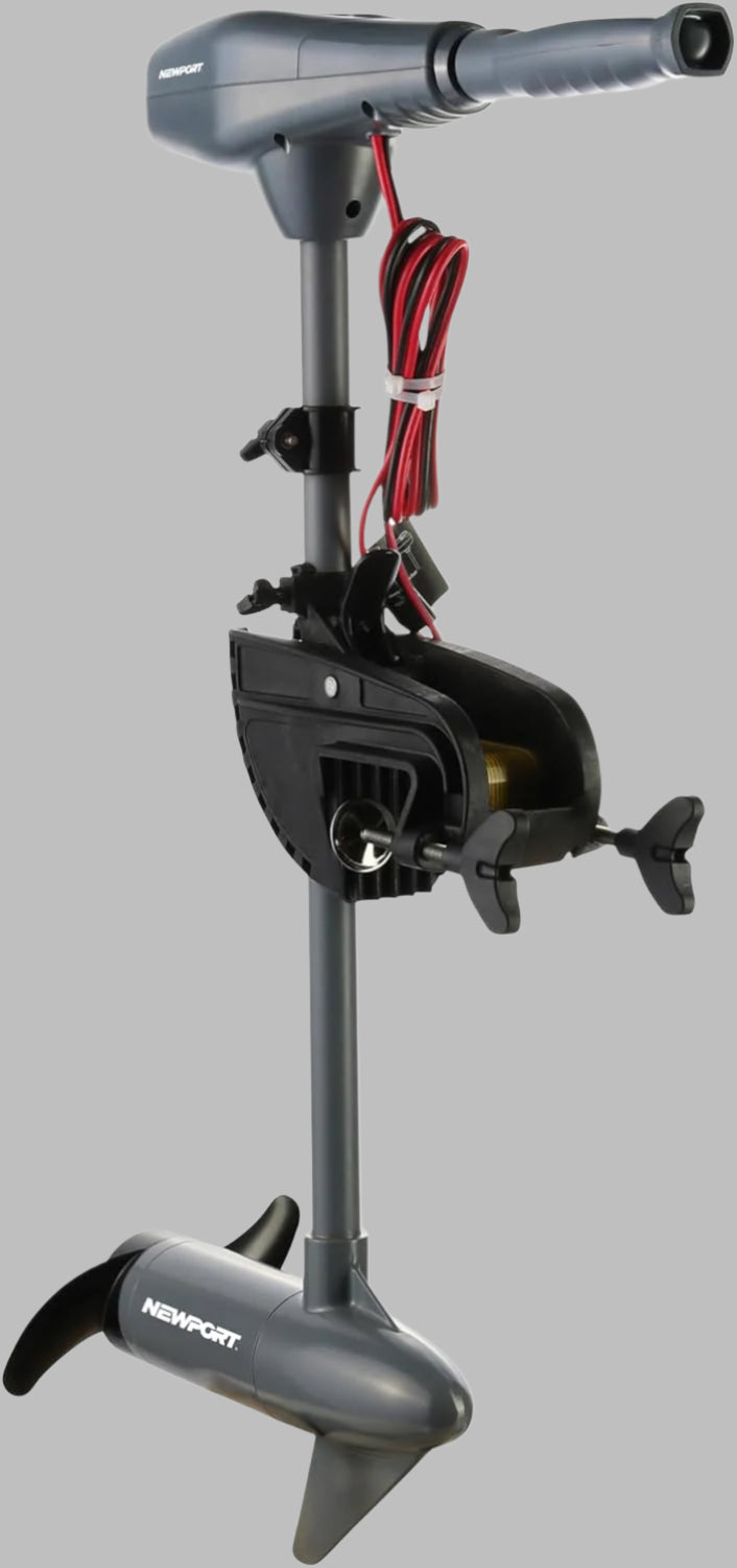 Full view of Newport Vessels 55lb kayak trolling motor

Side profile of motor showing shaft and prop

Top view showing LED battery meter and handle

Close-up of propeller and mount setup

Rear angle showing transom mount position