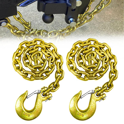 Close-up of 3/8" Grade 80 towing chain with safety hooks
Zinc-plated towing chain with embossed G80 markings
Set of Grade 80 towing chains coiled for storage
DOT-compliant heavy-duty towing chain with latch hooks