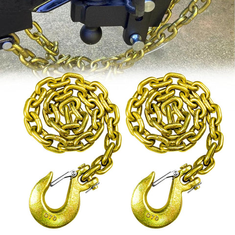 Close-up of 3/8" Grade 80 towing chain with safety hooks
Zinc-plated towing chain with embossed G80 markings
Set of Grade 80 towing chains coiled for storage
DOT-compliant heavy-duty towing chain with latch hooks