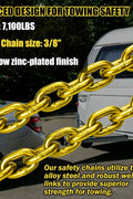 Close-up of 3/8" Grade 80 towing chain with safety hooks
Zinc-plated towing chain with embossed G80 markings
Set of Grade 80 towing chains coiled for storage
DOT-compliant heavy-duty towing chain with latch hooks