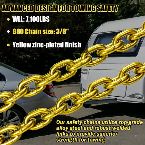Close-up of 3/8" Grade 80 towing chain with safety hooks
Zinc-plated towing chain with embossed G80 markings
Set of Grade 80 towing chains coiled for storage
DOT-compliant heavy-duty towing chain with latch hooks