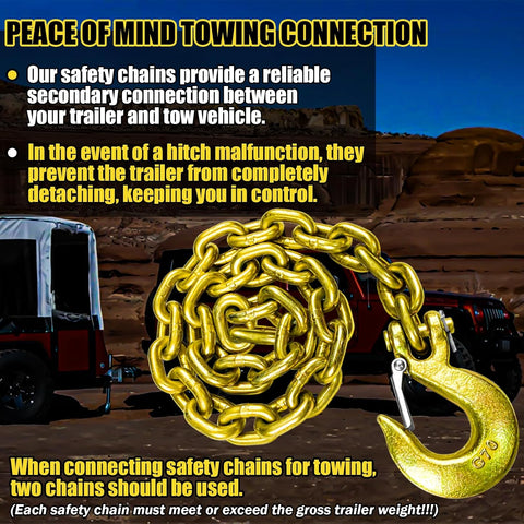 Close-up of 3/8" Grade 80 towing chain with safety hooks
Zinc-plated towing chain with embossed G80 markings
Set of Grade 80 towing chains coiled for storage
DOT-compliant heavy-duty towing chain with latch hooks