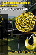 Close-up of 3/8" Grade 80 towing chain with safety hooks
Zinc-plated towing chain with embossed G80 markings
Set of Grade 80 towing chains coiled for storage
DOT-compliant heavy-duty towing chain with latch hooks