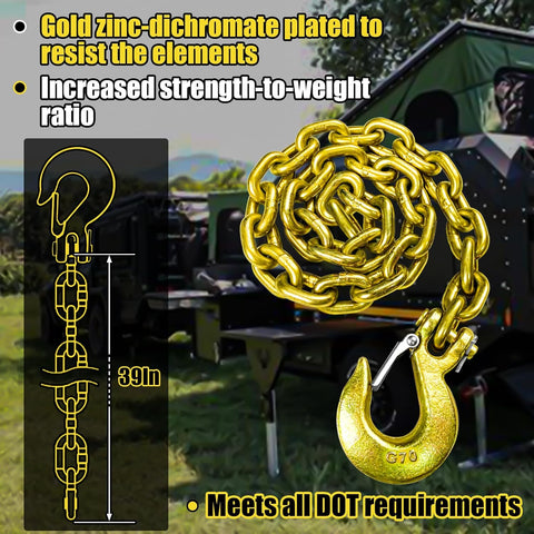 Close-up of 3/8" Grade 80 towing chain with safety hooks
Zinc-plated towing chain with embossed G80 markings
Set of Grade 80 towing chains coiled for storage
DOT-compliant heavy-duty towing chain with latch hooks