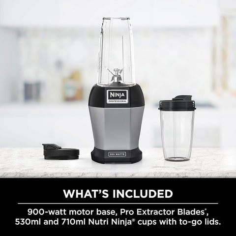 Ninja BL450C, Nutri Pro Personal Blender For Juices, Shakes & Smoothies, 18 and 24 Oz cups, Black/Silver, 900W (Canadian Version) - with | Sold by Uncle Wiener's Wholesale