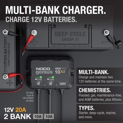 NOCO Genius GENPRO10X2: 2 - Bank, 20A Onboard Battery Charger - 10A Per Bank, 12V Waterproof Marine Charger with Overcharge Protection & Temperature Compensation – for Lead - Acid & Lithium Batteries - with | Sold by Uncle Wiener's Wholesale