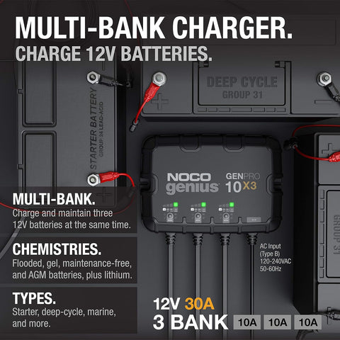 NOCO Genius GENPRO10X3, 3 - Bank, 30A (10A/Bank) Smart Marine Battery Charger, 12V Waterproof Onboard Boat Charger, Battery Maintainer and Desulfator for AGM, Lithium (LiFePO4) and Deep - Cycle Batteries - with | Sold by Uncle Wiener's Wholesale