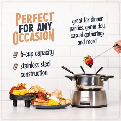 Nostalgia 6 - Cup Stainless Steel Electric Fondue Pot with Temperature Control - with Dimensions (Overall): 8.27 inches (H) x 8.66 inches (W) x 8.66 inches (D) | Sold by Uncle Wiener's Wholesale