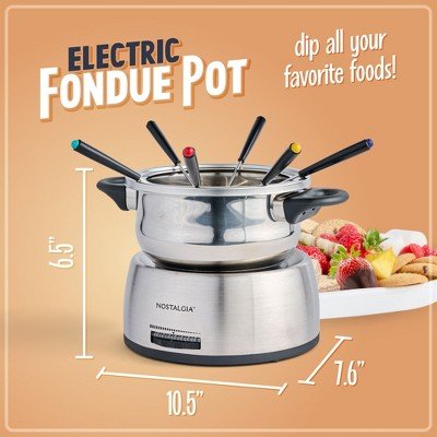 Nostalgia 6 - Cup Stainless Steel Electric Fondue Pot with Temperature Control - with Dimensions (Overall): 8.27 inches (H) x 8.66 inches (W) x 8.66 inches (D) | Sold by Uncle Wiener's Wholesale