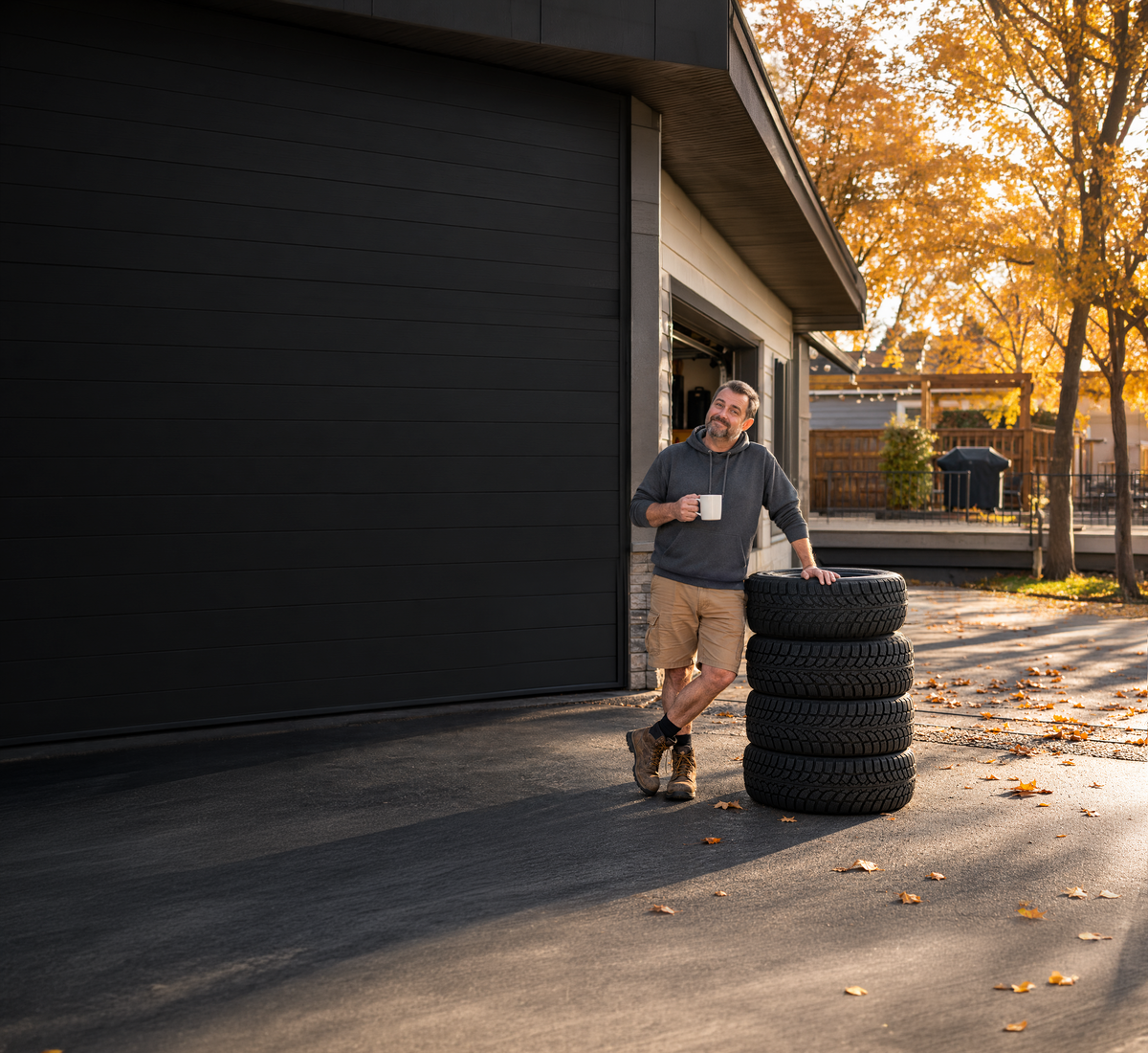 person in shorts and a hoodie standing next to a stack of winter tires