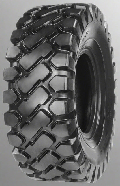 Heavy-duty E-3/L3 bias ply loader tire on warehouse floor

Rock lug pattern close-up for traction

20.5-25 loader tire tread and sidewall view

Mining OTR tire mounted on equipment

Rugged loader tire for industrial applications