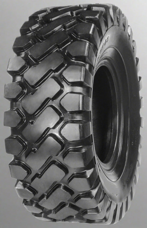 Heavy-duty E-3/L3 bias ply loader tire on warehouse floor

Rock lug pattern close-up for traction

20.5-25 loader tire tread and sidewall view

Mining OTR tire mounted on equipment

Rugged loader tire for industrial applications