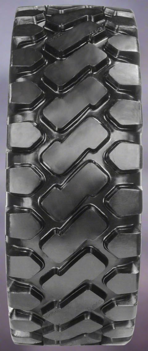 Heavy-duty E-3/L3 bias ply loader tire on warehouse floor

Rock lug pattern close-up for traction

20.5-25 loader tire tread and sidewall view

Mining OTR tire mounted on equipment

Rugged loader tire for industrial applications