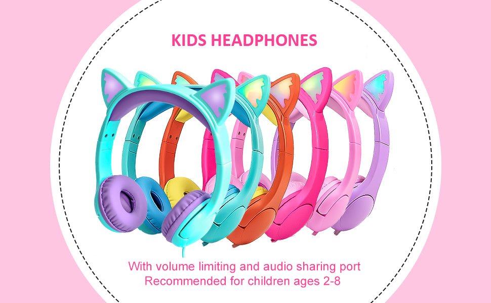 Olyre Kids Wired Cat Ear Headphones – LED Light-Up On-Ear Headset with Microphone, 85 dB Volume Limit & Audio Sharing Port - Electronics with | Sold by Uncle Wiener's Wholesale