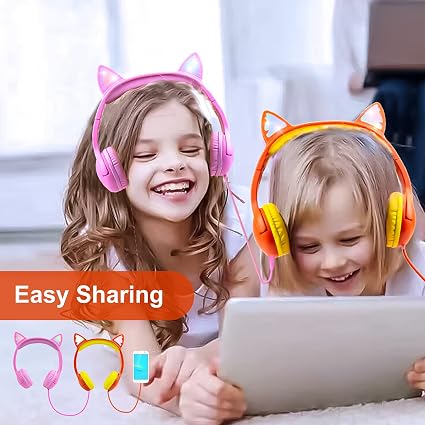 Olyre Kids Wired Cat Ear Headphones – LED Light-Up On-Ear Headset with Microphone, 85 dB Volume Limit & Audio Sharing Port - Electronics with | Sold by Uncle Wiener's Wholesale