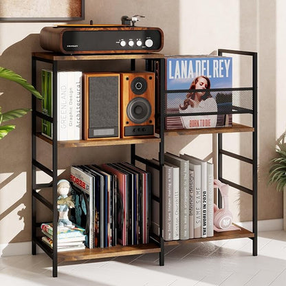 Oracchi Rustic Record Player Stand with Vinyl Storage – 4-Tier Turntable Media Cabinet, Holds Up to 300 Albums - Home decor with | Sold by Uncle Wiener's Wholesale