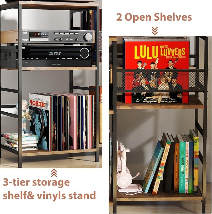 Oracchi Rustic Record Player Stand with Vinyl Storage – 4-Tier Turntable Media Cabinet, Holds Up to 300 Albums - Home decor with | Sold by Uncle Wiener's Wholesale