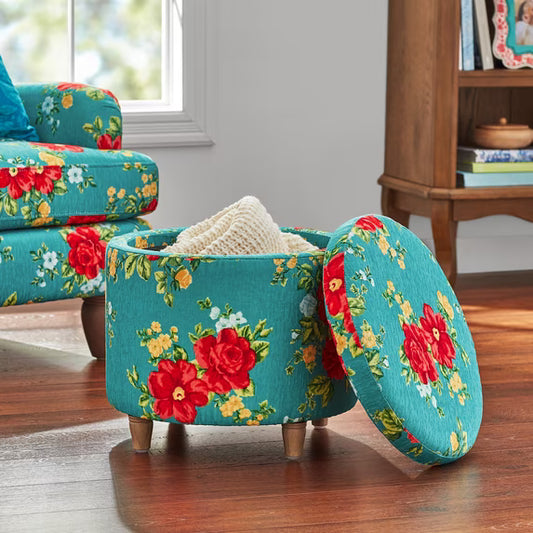 The Pioneer Woman Vintage Floral Round Storage Ottoman – Teal Fabric Ottoman with Wood Tray Lid