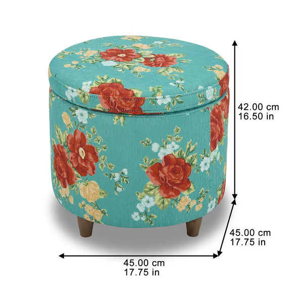 The Pioneer Woman Vintage Floral Round Storage Ottoman – Teal Fabric Ottoman with Wood Tray Lid