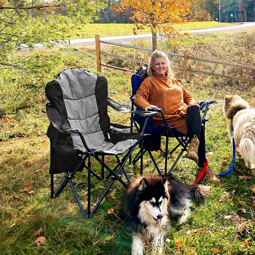 Outdoor Heavy - Duty Folding Camping Chair – Oversized Padded Quad Armchair with Lumbar Support, Cup Holder, Cooler Bag & Side Pocket | Supports 400 lbs | DS120A1 - with | Sold by Uncle Wiener's Wholesale