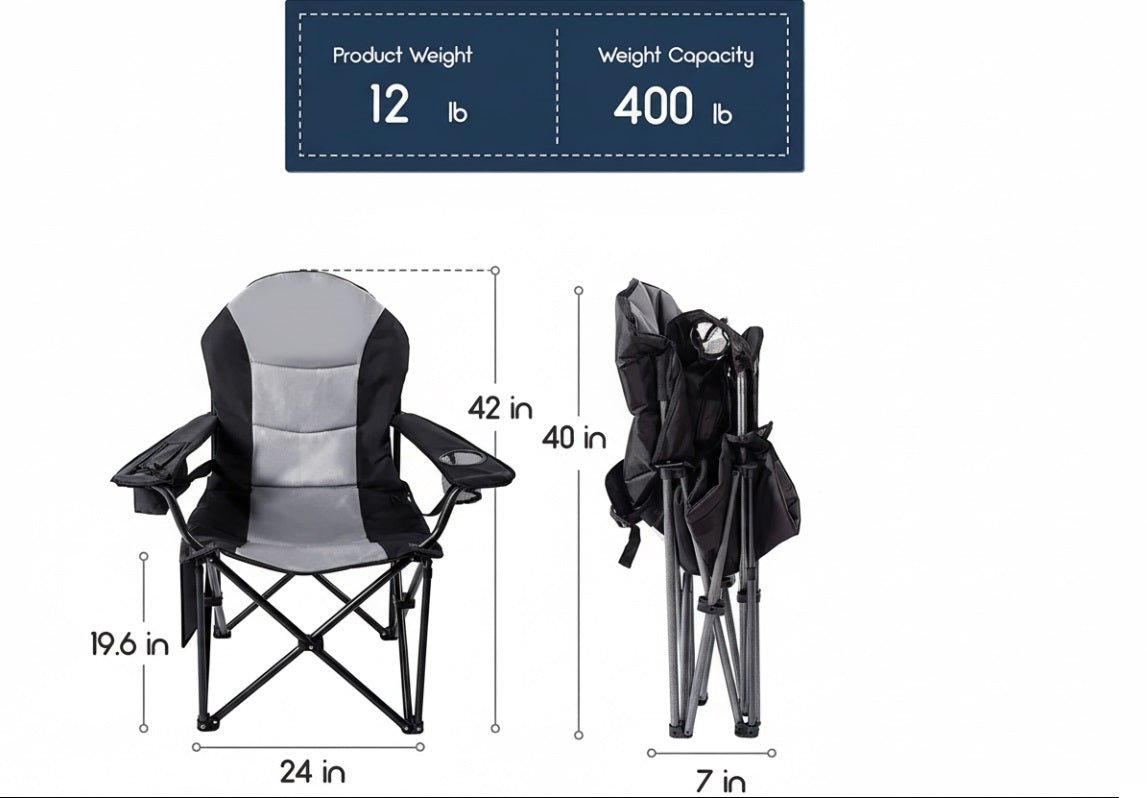 Outdoor Heavy - Duty Folding Camping Chair – Oversized Padded Quad Armchair with Lumbar Support, Cup Holder, Cooler Bag & Side Pocket | Supports 400 lbs | DS120A1 - with | Sold by Uncle Wiener's Wholesale