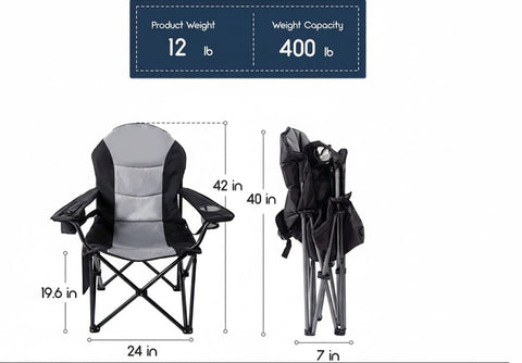 Outdoor Heavy - Duty Folding Camping Chair – Oversized Padded Quad Armchair with Lumbar Support, Cup Holder, Cooler Bag & Side Pocket | Supports 400 lbs | DS120A1 - with | Sold by Uncle Wiener's Wholesale