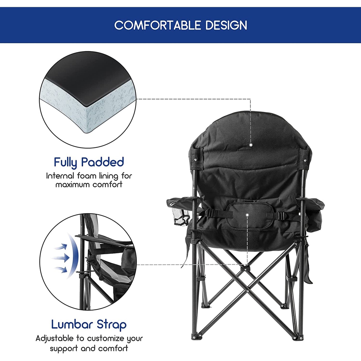 Outdoor Heavy - Duty Folding Camping Chair – Oversized Padded Quad Armchair with Lumbar Support, Cup Holder, Cooler Bag & Side Pocket | Supports 400 lbs | DS120A1 - with | Sold by Uncle Wiener's Wholesale