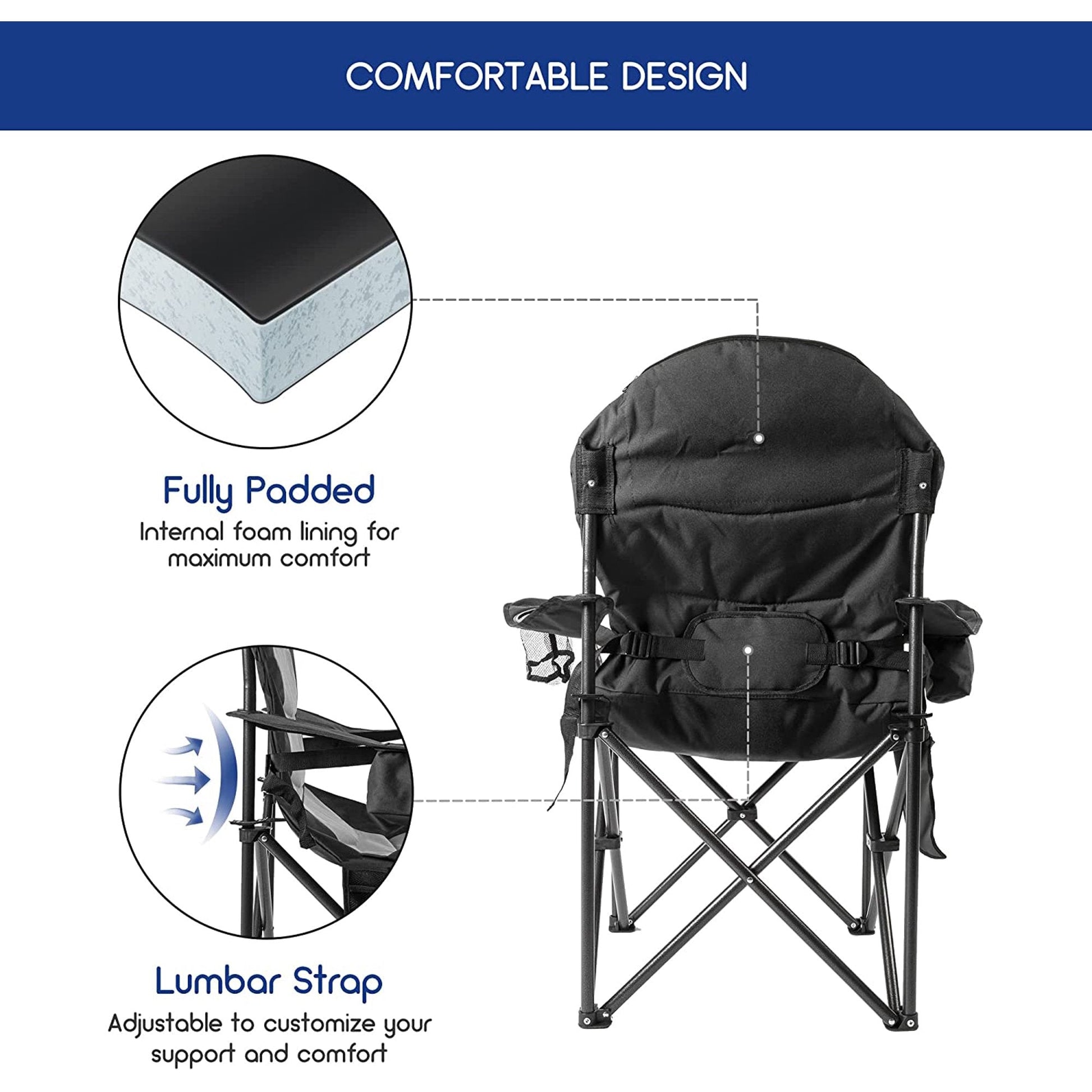 Outdoor Heavy - Duty Folding Camping Chair – Oversized Padded Quad Armchair with Lumbar Support, Cup Holder, Cooler Bag & Side Pocket | Supports 400 lbs | DS120A1 - with | Sold by Uncle Wiener's Wholesale