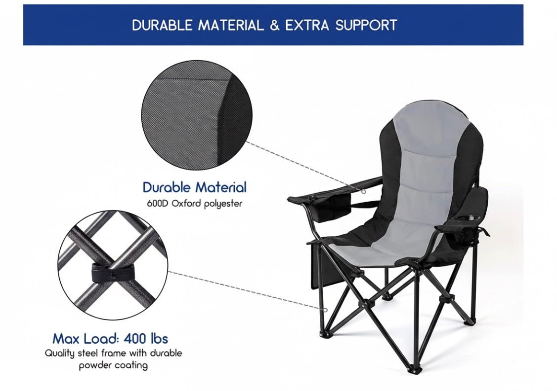 Outdoor Heavy - Duty Folding Camping Chair – Oversized Padded Quad Armchair with Lumbar Support, Cup Holder, Cooler Bag & Side Pocket | Supports 400 lbs | DS120A1 - with | Sold by Uncle Wiener's Wholesale
